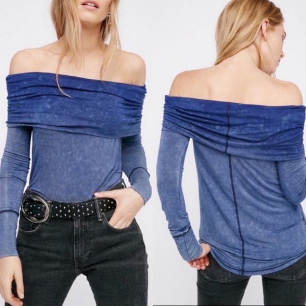 Free People Blue Cosmo Cowl Neck Top Off Shoulder Size XS Stretchy Boho Stretchy